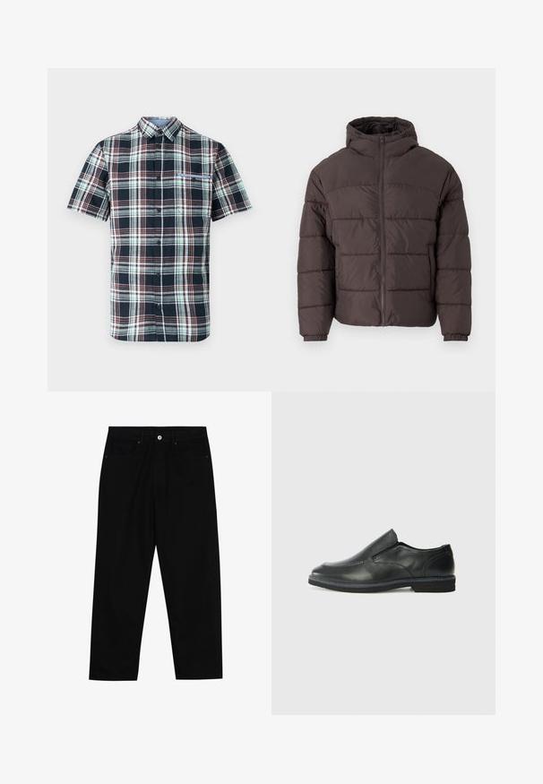 Rudas pūkuotukas su gobtuvu, su užtrauktuku priekyje, elastingomis rankovėmis ir horizontaliomis siūlėmis izoliacijai. Tekstūruotas audinio apdaila.; Mikrobangis, trumpomis rankovėmis, mėlynos, žalios ir burgundiškos spalvų languotos marškinės su užsegimu, apykakle ir vienu krūtiniu kišeniu. Pagaminta iš medvilnės.; Juoda džinsinė kelnė su tiesiu kirpimu, penkių kišenių dizainu ir priekiniais mygtukais. Lygus paviršius su minimaliu siuvimo detalėmis.; Juodai odiniai įtvirtinimo batai su lygiu paviršiumi, siuvinėjimo akcentais, apvalia nosimi ir žemu guminiu kulnu. Pado raštas minimalus.