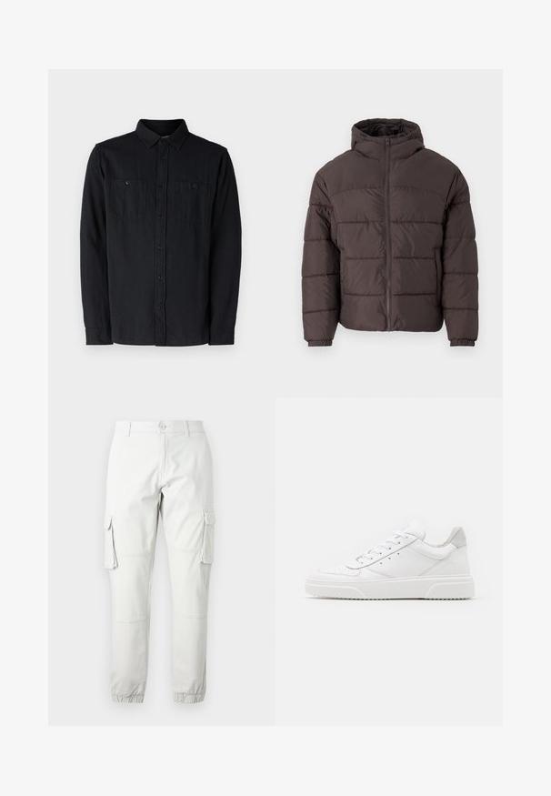 Brūna pūkaina jaka ar kapuci, ar rāvējslēdzēja fronti, elastīgiem aproces un horizontālo quiltēšanu siltumizolācijai. Tekstūrēta auduma apdare.; GAP BRUSHED UTILITY - Formāls krekls - true black; Gai pelēki kravas bikses ar sānu kabatām, elastīgām potīšu aprocēm un pogu aizdari. Izgatavotas no izturīga auduma ar gludu tekstūru.; Baltie ādas sporta apavi ar gludu virsmu, noapaļotu purngalu, plakaniem šņorēm un reljefa zoli. Pelēks zamšādas akcenti pie papēža.