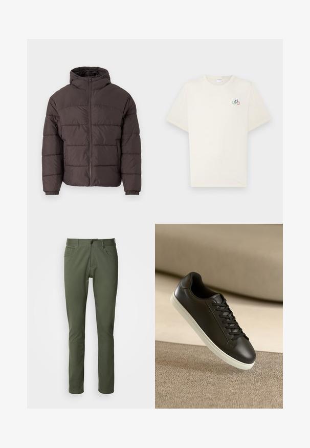 Bruine pufferjack met capuchon, voorzien van een ritssluiting aan de voorkant, elastische manchetten en horizontale stiksels voor isolatie. Geweven stofafwerking.; Crème-kleurig katoenen t-shirt met korte mouwen, met een kleine multicolor fietsafbeelding op de linkerborst.; Olijfgroene broek gemaakt van een katoenmix, met een klassieke rechte pasvorm, vijf zakken en metalen knoopsluiting. Soepele textuur.; Zwarte leren sneakers met een witte rubberen zool en zwarte veters, gepositioneerd tegen een beige stoffen oppervlak en achtergrond.