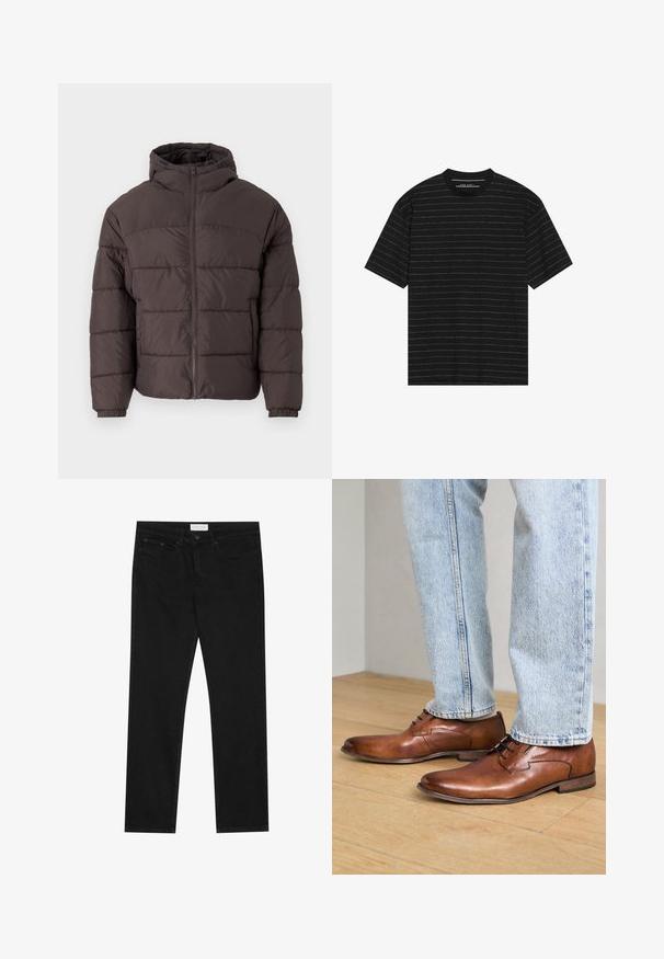 Veste matelassée marron avec capuche, présentant une fermeture éclair à l'avant, des poignets élastiques et un matelassage horizontal pour l'isolation. Finition en tissu texturé.; T-shirt noir à manches courtes avec de fines rayures horizontales blanches. Fabriqué dans un tissu doux, avec un col rond et une coupe décontractée.; Jean en denim noir à coupe droite, avec cinq poches, une fermeture à bouton et une texture subtile sur l'ensemble du tissu.; bugatti Derbies & Richelieus - cognac