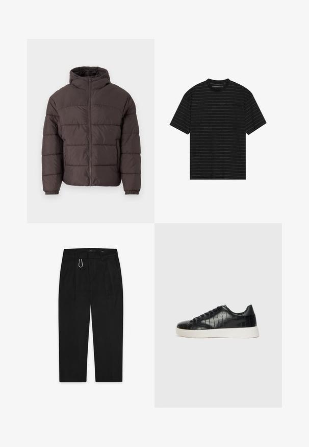 Rjava jakna s puhom in kapuco, z zadrgo na sprednji strani, elastičnimi manšetami in horizontalnim prešitim vzorcem za izolacijo. Teksturno zaključena tkanina.; Črna majica s kratkimi rokavi, ki ima tanke bele vodoravne črte. Narejena je iz mehke tkanine, ima okroglo ovratnico in sproščen kroj.; Črne hlače s ravnim krojem, ki vključujejo srebrno kovinsko karabin sponko in dve stranski žepu. Narejene iz gladkega materiala.; Črne športne copate z zgornjim delom iz teksturirane usnjene tkanine s kroko, zaobljenim nosom in kontrastnim belim gumijastim podplatom z gladko površino.