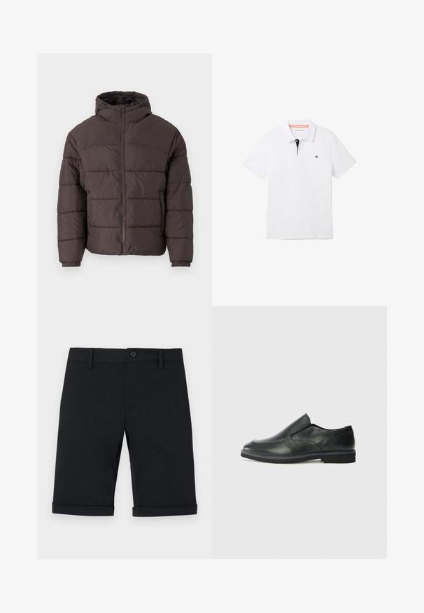 Hnědá péřová bunda s kapucí, s předním zipem, elastickými manžetami a horizontálním prošíváním pro izolaci. Texturovaný povrch látky.; Bílá polo košile s černým límečkem s oranžovým lemem, krátkými rukávy a malým logem na hrudi. Vyrobena z prodyšné bavlněné směsi.; Černé bavlněné šortky s knoflíkovým zapínáním, plochým předním dílem, ohrnutými lemy a zadními kapsami. Hladká textura a přiléhavý střih.; Černá kožená nazouvací bota s hladkým svrškem, prošívanými detaily, zaoblenou špičkou a nízkým gumovým podpatkem. Podešev má minimální vzorek.