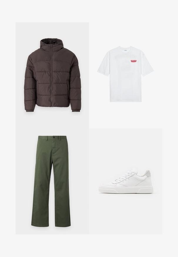 Rudas pūkuotukas su gobtuvu, su užtrauktuku priekyje, elastingomis rankovėmis ir horizontaliomis siūlėmis izoliacijai. Tekstūruotas audinio apdaila.; Balta medvilninė marškinėliai su trumpomis rankovėmis, apvaliu iškirpimu ir raudonu grafiniu tekstu "SKANI PAŽADINTI VAIŠIUS" priekyje.; Žalios plačios kelnės, pagamintos iš medvilnės mišinio, su sagute, dirželio kilpomis ir subtilia vertikalia tekstūra.; Balti odiniai sportbačiai su lygiu paviršiumi, apvaliu pirštu, plokščiomis raištelėmis ir struktūrizuota padu. Pilko zimšo akcentas ant kulno.