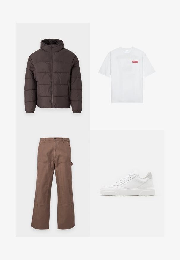 Brun pufferjakke med hætte, med lynlås foran, elastiske manchetter og vandret quiltning til isolering. Tekstureret stoffinish.; Hvid bomulds t-shirt med korte ærmer, rund hals og rød grafisk tekst "DELICIOUS REFRESHING FRUIT" på forsiden.; Brune bomulds cargo bukser med en afslappet pasform, sidelommer og store knælapper for øget holdbarhed og stil.; Hvide lædersneakers med en glat finish, rund tå, flade snørebånd og en struktureret sål. Grå ruskindsdetalje ved hælen.