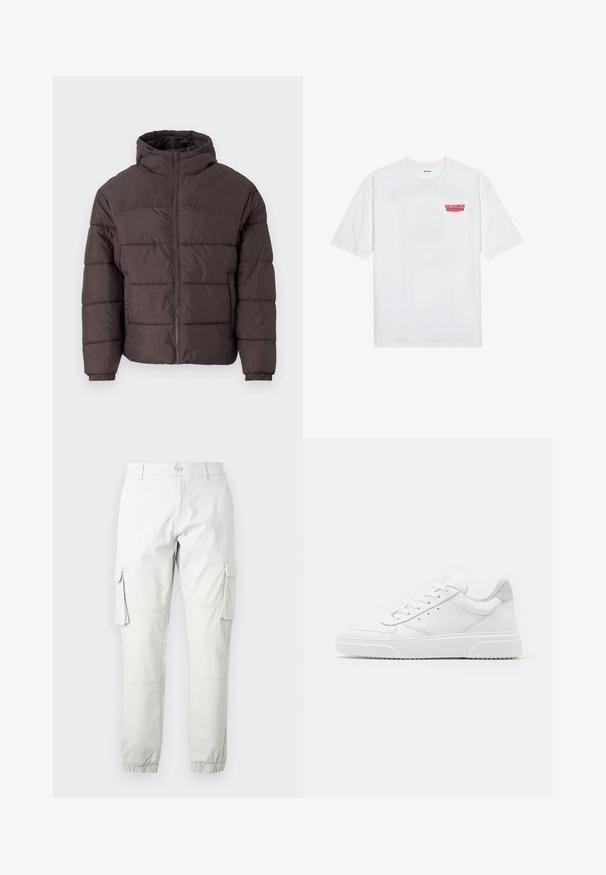 PRUUNI PUFFERMANTEL KAPUUTSIGA, MIS OMAB KETTASULGUST, ELASTSEID KÄISED JA HORISONTAAALSEID QUILTIGI ÜKSIKSUJA MATERJALI KATTEGA.; Valge puuvillane T-särk, millel on lühikesed varrukad, ümmargune kaelus ja esiküljel punane graafiline tekst "MAITSVA KONDISIOONIGA PUUVILI".; Heledad hallhalli küljed taskud, elastsed pahkluvarjud ja nööbist sulgemine. Valmistatud vastupidavast kangast, millel on sile tekstuur.; Valged nahast spordijalatsid siledast nahast viimistlusega, ümarate varvastega, lamekestega ja tekstuuriga tallaga. Hall suede aktsent kanna juures.