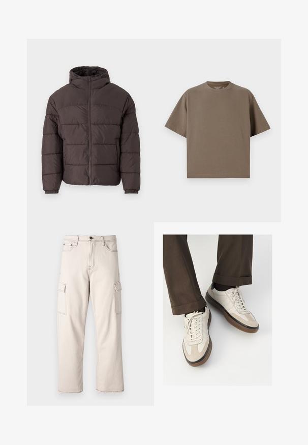 PRUUNI PUFFERMANTEL KAPUUTSIGA, MIS OMAB KETTASULGUST, ELASTSEID KÄISED JA HORISONTAAALSEID QUILTIGI ÜKSIKSUJA MATERJALI KATTEGA.; Pruuni lühikeste varrukatega T-särk, mis on valmistatud pehmest kangast ja millel on ümmargune kaelus. Omab vabalt voolavat lõiget ja lihtsat servade detaili.; Kreemikollased cargo püksid, mis on valmistatud puuvillast, koos kahe küljetaskuga, sirge jala disainiga ja kontrastsete õmblusdetailidega.; Bežid spordijalised, millel on tekstuuriga suede esiosa, siledast nahast küljed ja pruun kummitald. Lisatud on paelad ja heledad õmbluse detailid.