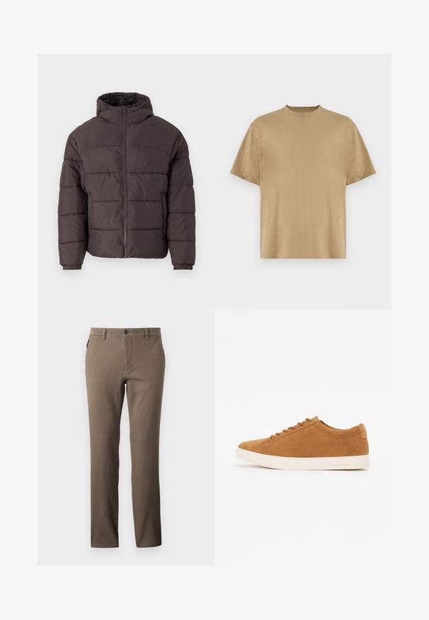 Brūna pūkaina jaka ar kapuci, ar rāvējslēdzēja fronti, elastīgiem aproces un horizontālo quiltēšanu siltumizolācijai. Tekstūrēta auduma apdare.; Khaki krāsas īsu piedurkņu T-krekls, izgatavots no mīkstas auduma, ar apaļu dekoltē un brīvu piegriezumu. Nav redzami raksti vai grafiki.; Brūnas, taisnas kājas bikses, izgatavotas no kokvilnas ar gludu tekstūru, ar priekšējām kabatām un vienu pogu aizdari jostasvietā.; Brūni zamšādas ikdienas apavi ar zemu augstumu, baltu gumijas zoli un noapaļotu purngalu. Iezīmē saskaņotas auklas un minimālu zīmolu uz papēža.