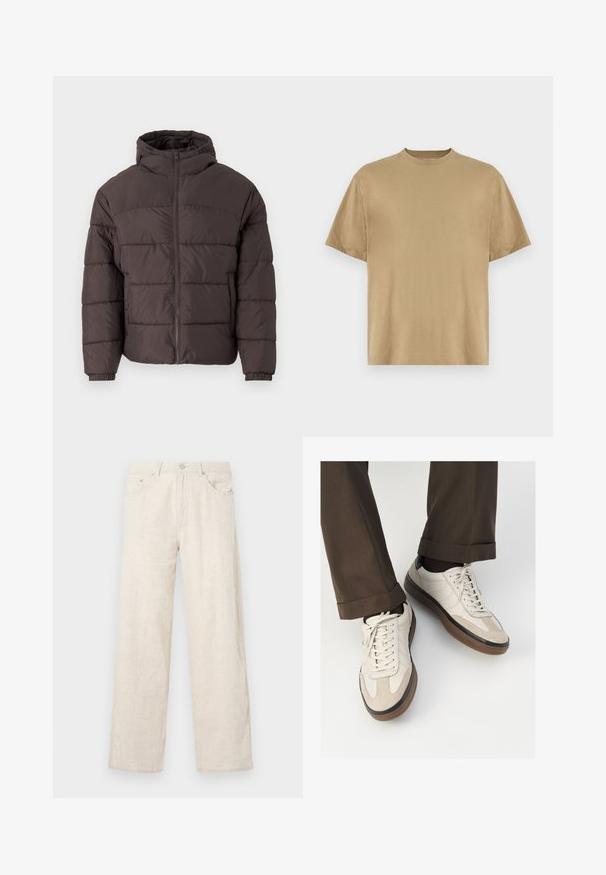 Brun puffjacka med huva, med zip-förslutning fram, elastiska cuffs och horisontell kviltning för isolering. Texturerad tygyta.; Khaki kortärmad t-shirt i mjukt tyg, med rund halsringning och en avslappnad passform. Inga mönster eller grafik syns.; Beiga vida byxor gjorda av texturerat tyg, med knappstängning, bälteshällor och klassisk fickdesign.; Beige sneakers med en texturerad mockafront, släta lädersidor och en brun gummisula. Snörning och ljusa sömdetaljer ingår.