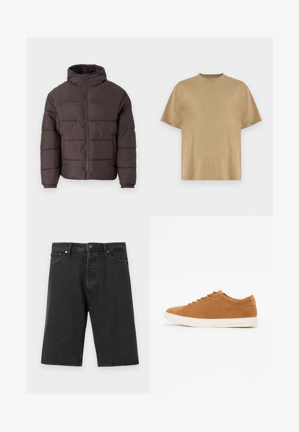 Smeđi puffer kaput s kapuljačom, s patentnim zatvaračem sprijeda, elastičnim manžetama i horizontalnim šavovima za izolaciju. Struktura tkanine je teksturirana.; Khaki majica s kratkim rukavima izrađena od mekog materijala, s okruglim izrezom i ležernim krojem. Nema vidljivih uzoraka ni grafika.; Crne traper šortseve ravnog kroja, standardnog pet-pocket dizajna, s kopčanjem na dugme i teksturiranom završnom obradom.; Smeđe semiš tenisice s niskim dizajnom, bijelim gumenim potplatom i okruglim vrhom. Imaju odgovarajuće vezice i minimalno brendiranje na peti.