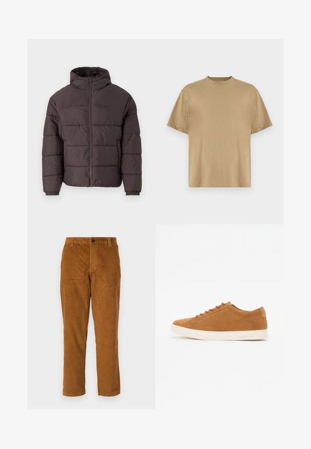 Brūna pūkaina jaka ar kapuci, ar rāvējslēdzēja fronti, elastīgiem aproces un horizontālo quiltēšanu siltumizolācijai. Tekstūrēta auduma apdare.; Khaki krāsas īsu piedurkņu T-krekls, izgatavots no mīkstas auduma, ar apaļu dekoltē un brīvu piegriezumu. Nav redzami raksti vai grafiki.; Brūnas korduroja bikses ar teksturētu virsmu, taisnām kājām un jostu ar vienu pogas aizdari.; Brūni zamšādas ikdienas apavi ar zemu augstumu, baltu gumijas zoli un noapaļotu purngalu. Iezīmē saskaņotas auklas un minimālu zīmolu uz papēža.