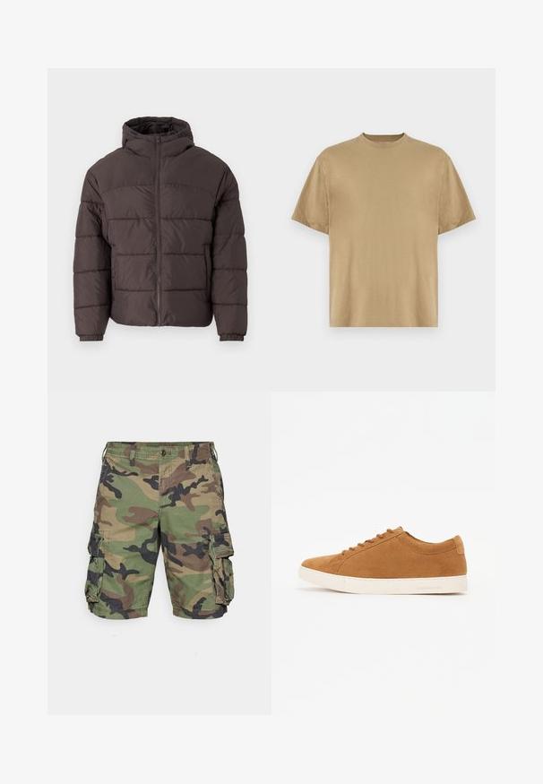 Rudas pūkuotukas su gobtuvu, su užtrauktuku priekyje, elastingomis rankovėmis ir horizontaliomis siūlėmis izoliacijai. Tekstūruotas audinio apdaila.; Kaki trumpas rankovėmis marškinėliai, pagaminti iš minkštos medžiagos, su apvaliu iškirpimu ir laisvu siluetu. Nėra matomų raštų ar grafikos.; Žalie, rudi ir juodi kamufliažiniai šortai. Pagaminti iš lengvos medžiagos, turi šonines kišenes ir mygtukų užsegimą, pasižymi laisvu siluetu.; Rudos zomšos sportbačiai su žemu dizainu, balta gumine padu ir apvaliu pirštu. Yra atitinkamos raišteliai ir minimalus ženklinimas ant kulno.