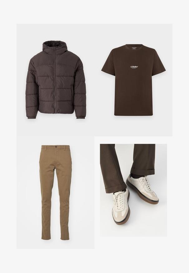 Rudas pūkuotukas su gobtuvu, su užtrauktuku priekyje, elastingomis rankovėmis ir horizontaliomis siūlėmis izoliacijai. Tekstūruotas audinio apdaila.; Ruda medvilnė marškinėliai trumpomis rankovėmis, apvaliu kaklu ir mažu baltu logotipu ant krūtinės. Lygus paviršius ir standartinė forma.; DOCKERS SMART SUPREME FLEX SKINNY - Chino stiliaus kelnės - cub; Bežiniai sportbačiai su tekstūruotu zomšinės priekine dalimi, lygiomis odinėmis šoninėmis dalimis ir ruda guminėmis padais. Į komplektą įeina juostelės ir šviesūs siuvimo detalės.