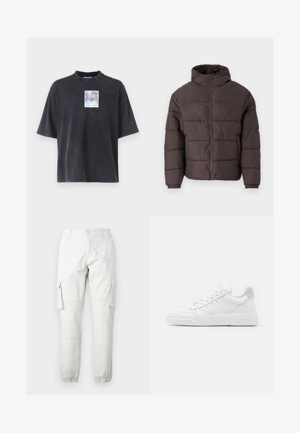 PRUUNI PUFFERMANTEL KAPUUTSIGA, MIS OMAB KETTASULGUST, ELASTSEID KÄISED JA HORISONTAAALSEID QUILTIGI ÜKSIKSUJA MATERJALI KATTEGA.; Lühikeste varrukatega, ülevõetud must puuvillane t-särk, millel on ruudukujuline graafika, mis kujutab linnamaastikku, pehme tekstuuriga ja ümmarguse kaelusega.; Heledad hallhalli küljed taskud, elastsed pahkluvarjud ja nööbist sulgemine. Valmistatud vastupidavast kangast, millel on sile tekstuur.; Valged nahast spordijalatsid siledast nahast viimistlusega, ümarate varvastega, lamekestega ja tekstuuriga tallaga. Hall suede aktsent kanna juures.