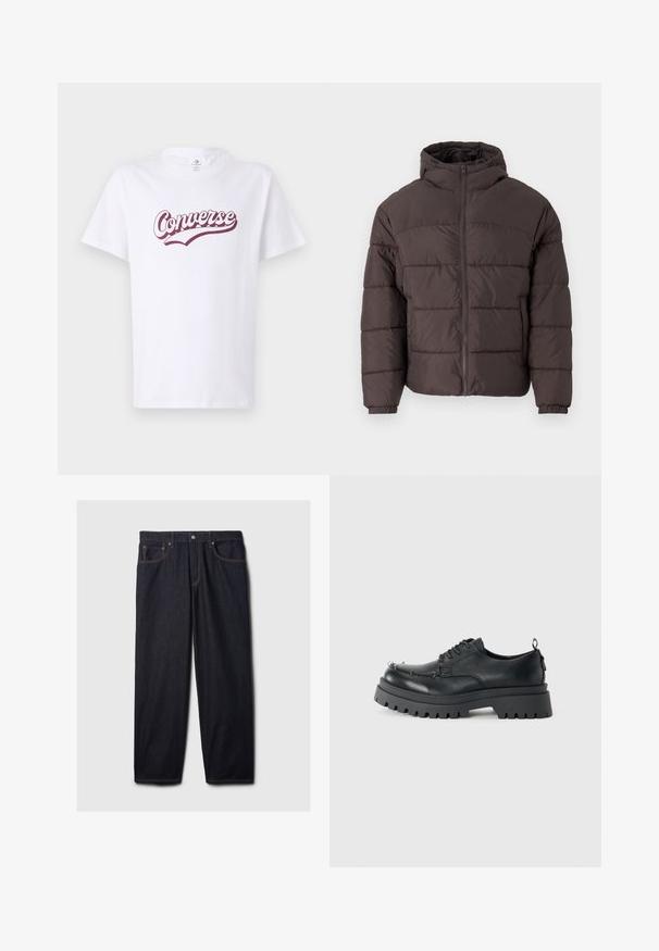 Rjava jakna s puhom in kapuco, z zadrgo na sprednji strani, elastičnimi manšetami in horizontalnim prešitim vzorcem za izolacijo. Teksturno zaključena tkanina.; Bela bomba iz bombaža z burgundnim logotipom "Converse" v ukrivljenem pisavi, kratkimi rokavi in klasičnim okroglim ovratnikom.; Temno modri kavbojki s ravnim krojem, opremljeni z gumbom in zadrgo, dvema sprednjima žepoma ter kontrastnim oranžnim šivom.; Črne masivne usnjene čevlje na vezalko s debelim grobim podplatom in kovinskimi gromi na prednjem delu, fotografirane proti enostavni svetli podlagi.
