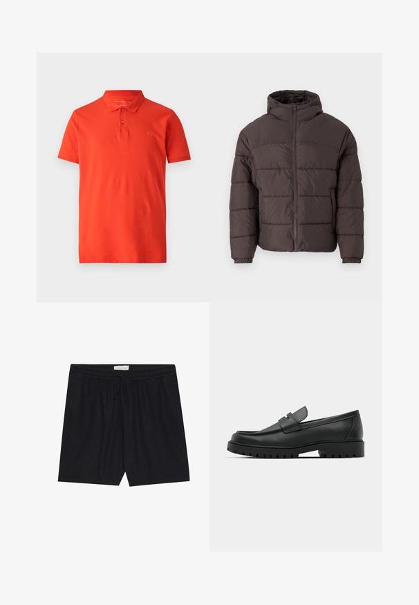 Giubbotto imbottito marrone con cappuccio, dotato di chiusura con zip, polsini elasticizzati e trapuntatura orizzontale per l'isolamento. Finitura in tessuto testurizzato.; Polo rosso realizzato in cotone liscio, con colletto classico, maniche corte e tre bottoni al collo. Logo semplice ricamato sul petto.; Shorts neri con vita elasticizzata e cordoncino, caratterizzati da una texture liscia e una vestibilità dritta, adatti per un abbigliamento casual.; Mocassini in pelle nera con punta rotonda, caratterizzati da un design cucito, suola piatta bassa e un battistrada in gomma testurizzata e scolpita.