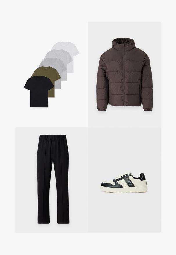 Brūna pūkaina jaka ar kapuci, ar rāvējslēdzēja fronti, elastīgiem aproces un horizontālo quiltēšanu siltumizolācijai. Tekstūrēta auduma apdare.; Pieci konkurējošie t-krekli ar apaļu kakla izgriezumu melnā, olīvu zaļā, gaiši pelēkā, tumši pelēkā un baltā krāsā. Izgatavoti no mīkstas auduma ar īsām piedurknēm un brīvu piegriezumu.; Melni elastīgi bikses ar taisnas kājas dizainu, ar gludu tekstūru un bez redzamām zīmēm vai detaļām.; Ādas sporta apavi ar melnbaltu krāsu shēmu, ar perforētiem akcentiem, mīkstinātu apkakli un teksturētu zoli.