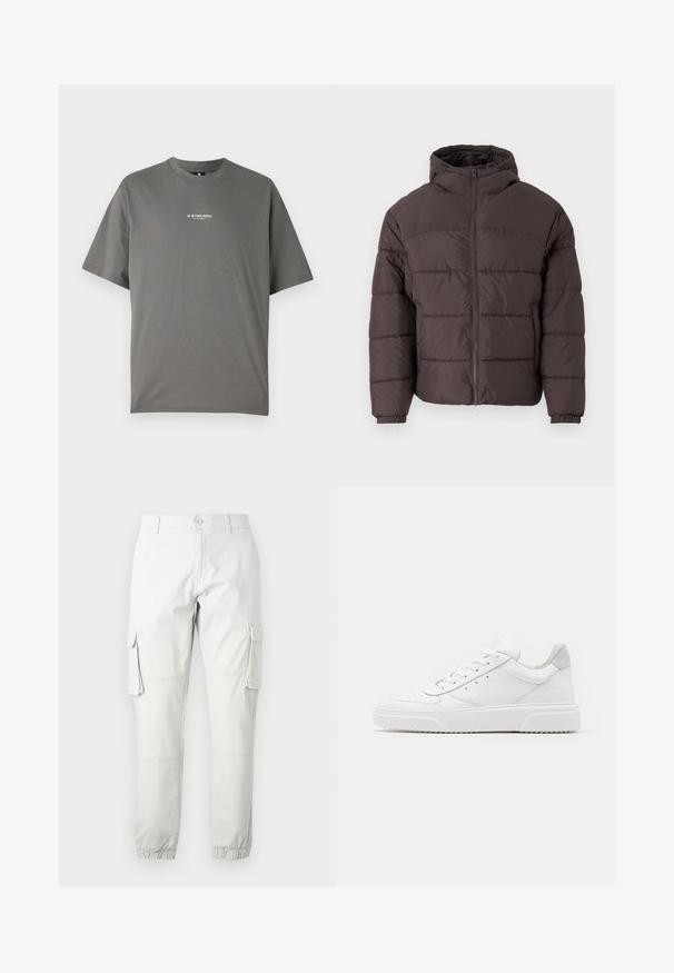 Hnědá péřová bunda s kapucí, s předním zipem, elastickými manžetami a horizontálním prošíváním pro izolaci. Texturovaný povrch látky.; Šedé bavlněné tričko s kulatým výstřihem, krátkými rukávy a logem G-Star RAW vytištěným bílou barvou na hrudi.; Světle šedé cargo kalhoty s postranními kapsami, elastickými manžetami na kotnících a zapínáním na knoflík. Vyrobeny z odolného materiálu s hladkou texturou.; Bílé kožené tenisky s hladkým povrchem, zaoblenou špičkou, plochými tkaničkami a texturovanou podrážkou. Šedý semišový detail na patě.