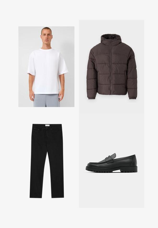 Smeđi puffer kaput s kapuljačom, s patentnim zatvaračem sprijeda, elastičnim manžetama i horizontalnim šavovima za izolaciju. Struktura tkanine je teksturirana.; Bijela prevelika majica od pamuka, s okruglim dekolteom i kratkim rukavima. Glatka tekstura, ravni rub, kombinirana sa sivim šortsevima.; Crne ravne traperice s pet džepova, zatvaranje na gumbe i patentni zatvarač, te oznakom marke Pier One na pojasu.; Crne kožne mokasine s zaobljenim vrhom, s ušivenim dizajnom, niskom platformom i teksturiranim, gumenim potplatom s izbočinama.