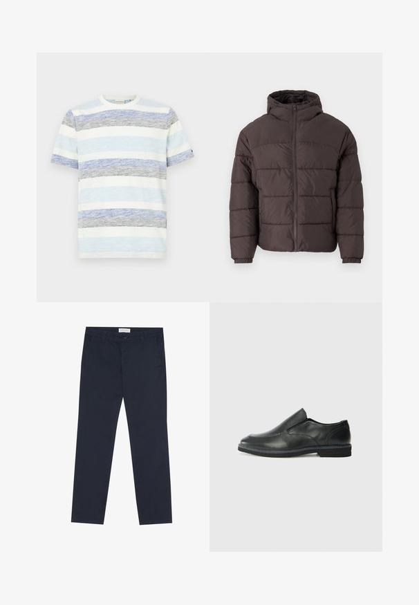 Braune Steppjacke mit Kapuze, ausgestattet mit einem Reißverschluss vorne, elastischen Bündchen und horizontaler Steppung zur Isolierung. Strukturierte Stoffoberfläche.; Gestreiftes T-Shirt in Blau-, Grau- und Weißtönen, mit kurzen Ärmeln, Rundhalsausschnitt und einem weichen, strukturierten Stoff.; Marineblaue Chinos aus Baumwolle mit glatter Textur, ausgestattet mit einem Reißverschluss, Gürtelschlaufen und seitlichen Taschen für Funktionalität.; Schwarze Leder-Slipper mit glattem Obermaterial, gesteppten Akzenten, runder Zehenpartie und niedrigem Gummiabsatz. Die Sohle hat ein minimales Profil.