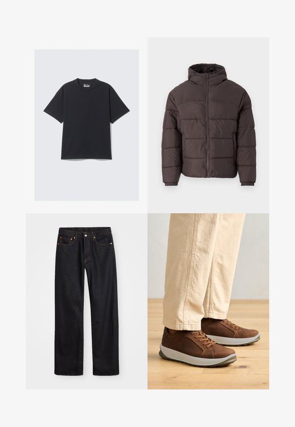 Giubbotto imbottito marrone con cappuccio, dotato di chiusura con zip, polsini elasticizzati e trapuntatura orizzontale per l'isolamento. Finitura in tessuto testurizzato.; T-shirt in cotone nero con un classico collo a giro, maniche corte e vestibilità rilassata. Texture liscia con dettagli di cucitura minimi.; Jeans neri in denim dritto da uomo con cinque tasche e cuciture arancioni, chiusura con bottone e zip sulla vita anteriore.; Sneaker in pelle marrone con profilo basso, design con lacci, suola grigia e dettagli texturizzati, abbinate a pantaloni beige chiaro, su un pavimento in legno.