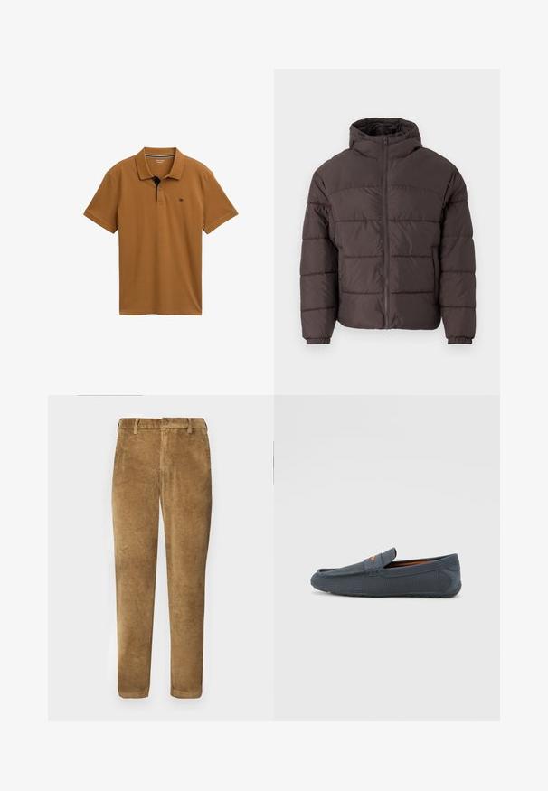 Hnědá péřová bunda s kapucí, s předním zipem, elastickými manžetami a horizontálním prošíváním pro izolaci. Texturovaný povrch látky.; Hnědý polo triko vyrobené z hladké bavlny s klasickým límcem, zapínáním na tři knoflíky a kontrastním námořnickým detailem na límci.; Hnědé kordové kalhoty s vertikálním žebrovaným vzorem, rovný střih, zapínání na knoflíky a poutka na opasek. Hladká látka s jemným povrchem.; Šedé perforované mokasíny s jednoduchým obutím, které mají oranžový akcent, zaoblenou špičku a strukturovanou gumovou podrážku.
