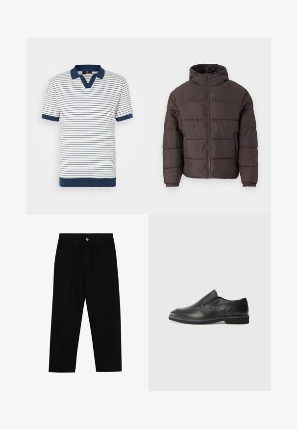 Rudas pūkuotukas su gobtuvu, su užtrauktuku priekyje, elastingomis rankovėmis ir horizontaliomis siūlėmis izoliacijai. Tekstūruotas audinio apdaila.; Liniuotas medvilninis polo marškinėliai, su vertikaliomis tamsiai mėlynomis ir baltomis linijomis, tamsiai mėlynu apykakle ir rankogaliais, bei V formos iškirpte. Minkšta tekstūra.; Juoda džinsinė kelnė su tiesiu kirpimu, penkių kišenių dizainu ir priekiniais mygtukais. Lygus paviršius su minimaliu siuvimo detalėmis.; Juodai odiniai įtvirtinimo batai su lygiu paviršiumi, siuvinėjimo akcentais, apvalia nosimi ir žemu guminiu kulnu. Pado raštas minimalus.