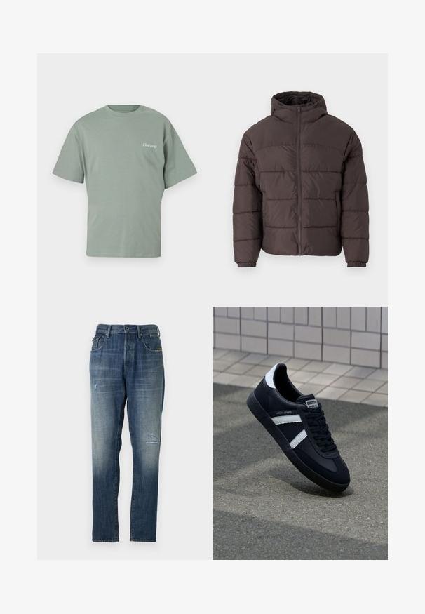 Brūna pūkaina jaka ar kapuci, ar rāvējslēdzēja fronti, elastīgiem aproces un horizontālo quiltēšanu siltumizolācijai. Tekstūrēta auduma apdare.; Minta zaļa kokvilnas T-kreklu ar apaļu kakla izgriezumu, īsām piedurknēm un nelielu "Club1990" izdruku kreisajā krūšu pusē.; Džinsi no denima ar izbalinātu zilu krāsu, taisnas kājas dizainu, mērenu nolietojumu priekšpusē un klasisku piecu kabatu stilu.; Melnā ādas sporta apavi ar baltām svītrām, teksturēta gumijas zole un auklu aizdare. Iekļauj zīmola etiķeti uz mēles.