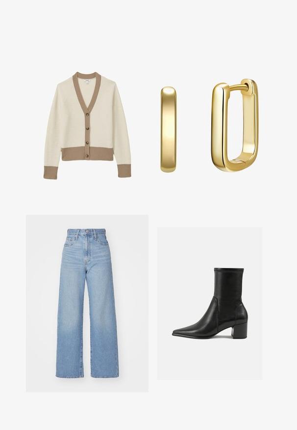 Rudas zomšinis ilgas paltas su apykakle, priekyje mygtukais, dviem kišenėmis ir derančia juosta liemeniui. Minkšta tekstūra su lygiu paviršiumi.; Kreminės spalvos kardiganas su smėlio spalvos rausvais akcentais, V formos apykakle ir šešiais rudais mygtukais priekyje. Minkšta tekstūra, raglano rankovės ir prigludusi apačia.; Šviesiai bežinė medžiaga su sulenkta rankove, išryškinanti sklandų tekstūrą ir švelnų pobūdį, pabrėžianti paprastumą ir eleganciją.; Šviesiai mėlynos aukšto liemens plačios kojos džinsai su priekiniais užtrauktukais ir sagom, priekinėmis ir galinėmis kišenėmis, ant baltos fono.; Juodos odinės aulinės botai, turintys smailią nosį, storą kulną ir ryškiai išryškintą siuvinėjimą viršutinėje dalyje.; Aukso auskarai kilpos, turintys stačiakampio formą, lygiu paviršiumi ir suapvalintais kraštais. Savybė - tvirtas uždarymas, užtikrinantis papildomą stabilumą.