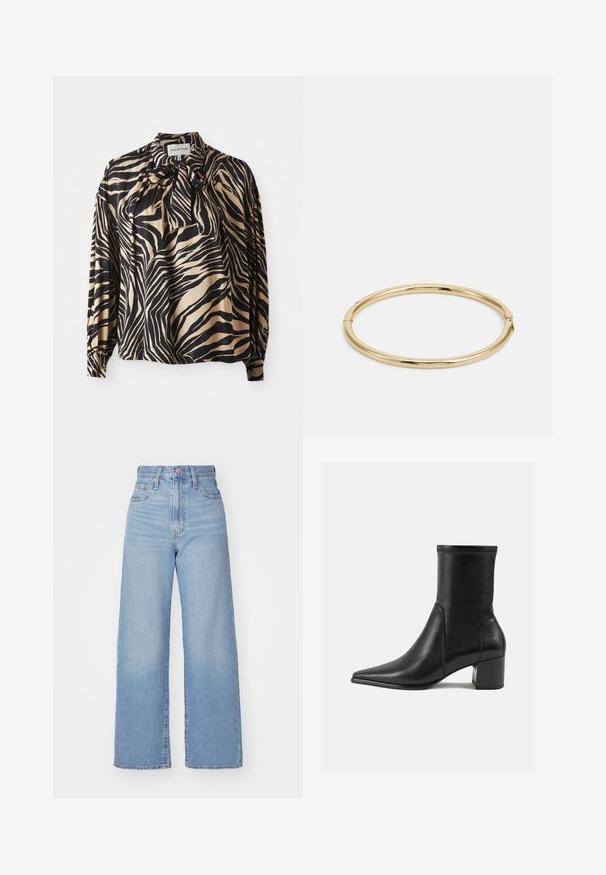 Brown suede long coat with a collar, front buttons, two pockets, and a matching waist tie. Soft texture with a smooth finish.; Long-sleeve shirt in smooth fabric featuring a bold black and gold zebra stripe pattern, with a bow tie detail at the neckline.; Light blue high-waist wide-leg jeans with front button and zip closure, front and back pockets, on a white background.; Black ankle boot made of smooth leather, featuring a pointed toe, a block heel, and distinct raised stitching at the top edge.; Gold bangle bracelet with a smooth, shiny surface, featuring a round shape and a subtle clasp detail.