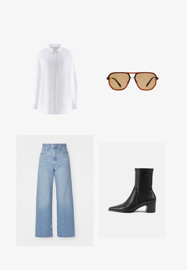 Brun mocka lång kappa med krage, framknäppning, två fickor och ett matchande midjeband. Mjuk textur med en slät yta.; Vit långärmad skjorta med krage, framtill knäppning med knappar, bröstficka och en slät tygstruktur.; Ljusblå högmidjade vida jeans med knapp- och dragkedjestängning, fram- och bakfickor, mot en vit bakgrund.; Svart ankelboot i slät läder, med en spetsig tå, en blockklack och distinkt upphöjd söm längs den övre kanten.; Bruna oktagonala solglasögon med en transparent amberbåge och brunt tonade linser. Har en metalldetalj vid näsbroen och slanka bögar.; Guldörhängen i form av ringar med rektangulär form, slät yta och rundade kanter. Har en säker stängning för ökad stabilitet.