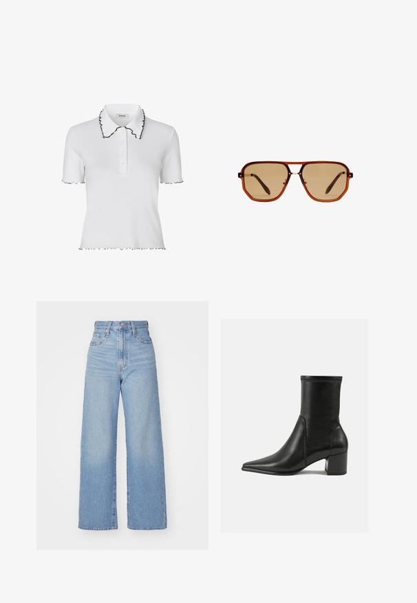 Brązowy zamszowy długi płaszcz z kołnierzem, z przodu zapinany na guziki, z dwiema kieszeniami i pasującym paskiem w talii. Miękka tekstura o gładkim wykończeniu.; Modström MAGDALONE biały; Jasnoniebieskie jeansy z wysokim stanem i szerokimi nogawkami, z zapięciem na guziki i zamek z przodu, przednie i tylne kieszenie, na białym tle.; Czarny botek za kostkę wykonany z gładkiej skóry, z szpiczastym noskiem, słupkowym obcasem oraz wyraźnym podniesionym szwem na górnej krawędzi.; Brązowe ośmiokątne okulary przeciwsłoneczne z przezroczystą bursztynową oprawką i brązowymi soczewkami. Posiadają metalowy akcent na nosku oraz smukłe zauszniki.; Czarna skórzana torebka na ramię z teksturowaną powierzchnią, złotym łańcuszkiem i małą metką. Posiada wyraźne logo z przodu.; Złote kolczyki w kształcie prostokąta, o gładkiej fakturze i zaokrąglonych krawędziach. Posiadają pewne zapięcie dla dodatkowej stabilności.