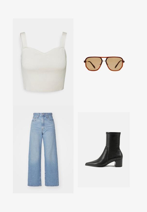 Brown suede long coat with a collar, front buttons, two pockets, and a matching waist tie. Soft texture with a smooth finish.; Ribbed, cropped top in off-white with a sweetheart neckline and adjustable straps. Fabric appears soft and stretchy for comfort.; Light blue high-waist wide-leg jeans with front button and zip closure, front and back pockets, on a white background.; Black ankle boot made of smooth leather, featuring a pointed toe, a block heel, and distinct raised stitching at the top edge.; Brown octagonal sunglasses with a transparent amber frame and brown-tinted lenses. Features a metal accent at the bridge and slender temples.; Gold hoop earrings with a rectangular shape, smooth texture, and rounded edges. Features a secure closure for added stability.