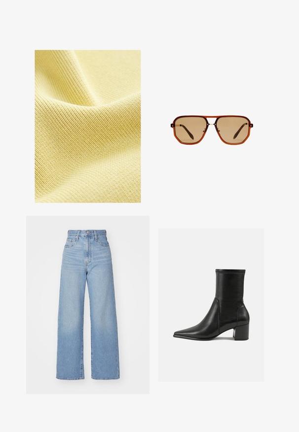 Brun mocka lång kappa med krage, framknäppning, två fickor och ett matchande midjeband. Mjuk textur med en slät yta.; Texturerad gul tyg med ett fint ribbat mönster, slät yta och en mjuk, lätt utseende. Idealisk för kläder eller möbelklädsel.; Ljusblå högmidjade vida jeans med knapp- och dragkedjestängning, fram- och bakfickor, mot en vit bakgrund.; Svart ankelboot i slät läder, med en spetsig tå, en blockklack och distinkt upphöjd söm längs den övre kanten.; Bruna oktagonala solglasögon med en transparent amberbåge och brunt tonade linser. Har en metalldetalj vid näsbroen och slanka bögar.; Svart läder crossover-väska med en strukturerad yta, guldkedjesnor och en liten tag. Har en framträdande logotyp på framsidan.; Guldörhängen i form av ringar med rektangulär form, slät yta och rundade kanter. Har en säker stängning för ökad stabilitet.
