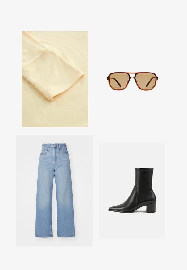 Rjava semiš dolga jakna s ovratnikom, sprednjimi gumbi, dvema žepoma in ujemajočim pasom. Mehka tekstura z gladkim zaključkom.; Svetlo bež tkanina s preklopljenim rokavom, ki prikazuje gladko teksturo in mehak videz ter poudarja svojo preprostost in eleganco.; Svetlo modri visokorasli široki traper hlače z sprednjim gumbom in zadrgo, sprednjimi in zadnjimi žepi, na belem ozadju.; Črne gležnjarje iz gladkega usnja, z izostrenim nosom, blokastim peto in izrazitim povišanim šivom na zgornjem robu.; Rjave osmerokotne sončne naočale s prozornim amber okvirjem in rjavimi lečami s senco. Imajo kovinski detajl na mostu in vitke temple.; Črna usnjena torba čez telo z teksturirano površino, zlatim verižnim trakom in majhno etiketo. Ima izstopajoč logotip na sprednji strani.; Zlate obročeve uhane pravokotne oblike, gladke teksture in zaobljenih robov. Imajo varen sponko za dodatno stabilnost.