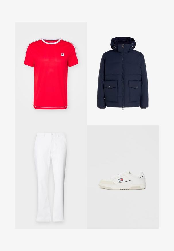 Tummansininen toppatakki, jossa on vetoketju edessä, karvavuorinen huppu ja kaksi suurta läppätaskua. Ominaisuuksia ovat sileä kangas ja joustavat hihansuut.; Punainen urheilupaita, joka on valmistettu sileästä kankaasta. Paidassa on ribattu pyöreä pääntie, valkoiset yksityiskohdat hihoissa ja pieni logo vasemmassa rinnassa.; Valkoiset puuvillahousut suoralla lahkeella, etutaskuilla, yhdessä napilla suljettuna ja sileällä pinnalla.; Valkoiset tennarit, joissa on sileä nahka yläosa ja mokkanahkainen varvask_appuli, pienellä punaisella, valkoisella ja sinisellä logolla sivussa ja teksturoitu pohja.