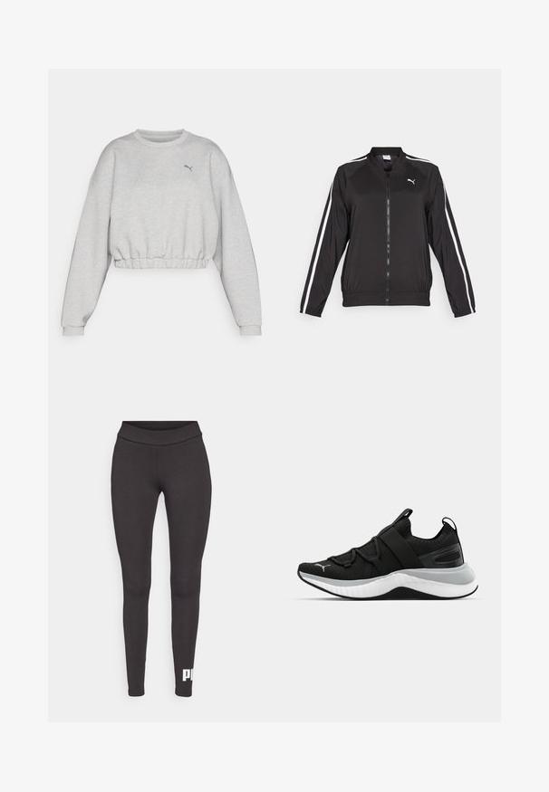Black track jacket made of smooth fabric with white side stripes, a stand-up collar, and a front zipper, featuring an embroidered logo on the chest.; Light grey cropped sweatshirt with a ribbed hem, dropped shoulders, and a small black Puma logo on the chest. Soft fabric texture.; Black leggings made of stretchable fabric, featuring a high waistband and a white logo printed on the lower left leg. Smooth texture.; Black athletic shoe with a textured upper, elastic straps, and a thick white midsole. Features a grey accent along the sole.