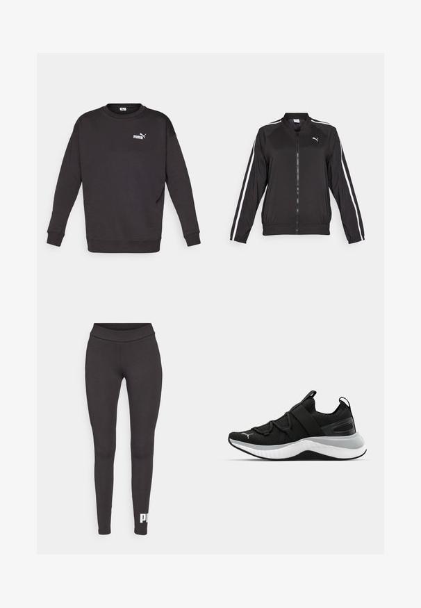Zwarte trainingsjack gemaakt van gladde stof met witte zijstrepen, een opstaande kraag en een ritssluiting aan de voorkant, met een geborduurd logo op de borst.; Zwarte sweatshirt met lange mouwen en ronde hals. Voorzien van een klein wit Puma-logo op de linker borst. Zachte stoftextuur.; Zwarte leggings van rekbaar materiaal, met een hoge tailleband en een wit logo dat op het onderste deel van het linkerbeen is gedrukt. Glad materiaal.; Zwarte sportschoen met een gestructureerde bovenkant, elastische banden en een dikke witte tussenzool. Heeft een grijze accent langs de zool.