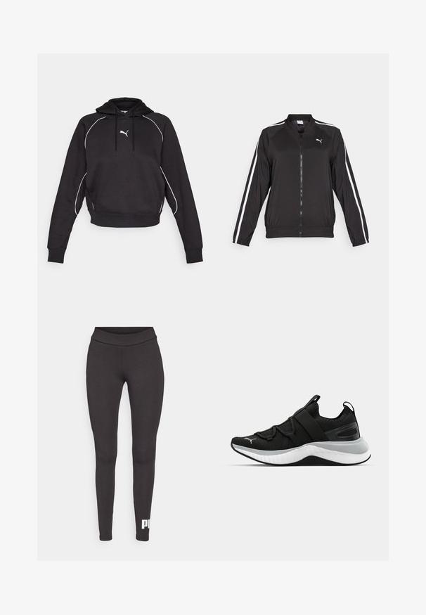 Čierna športová bunda vyrobená z hladkej látky s bielymi bočnými prúžkami, s vysokým golierom a predným zipsom, pričom je zdobená vyšitým logom na hrudi.; Čierna skrátená mikina s kapucňou na šnúrku, bielym akcentovaným prešívaním a malým bielym logom na hrudi. Mäkko tkaná textúra.; Čierne legíny vyrobené z elastického materiálu, s vysokým pásom a bielym logom potlačeným na dolnej časti ľavej nohy. Hladký povrch.; Čierne športové topánky s textúrovaným zvrškom, elastickými pásikmi a hrubou bielou medzipodrážkou. Obsahujú sivý akcent pozdĺž podrážky.