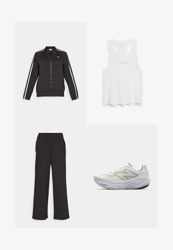 Juodas sportinis džemperis, pagamintas iš lygios medžiagos, su baltomis šoninėmis juostomis, stovinčiu apykakle ir priekiniais užtrauktukais. Ant krūtinės išsiuvinėtas logotipas.; Baltas sportinis tank topas su apvaliu kaklu, lenkta nugara ir tekstu „GREITINAME TEMPO“ rožine spalva, išspausdintu ant krūtinės.; Juodos plataus kirpimo kelnės, pagamintos iš tekstūruotos medžiagos, su elastinga juosmeniu. Turi šonines kišenes ir mažą logotipo detalę.; Baliniai sportiniai bateliai su tinklinio viršumi, turintys paminkštintą apykaklę, tekstūruotą padas ir "Fresh Foam" prekės ženklo logotipą ant vidurio pado.