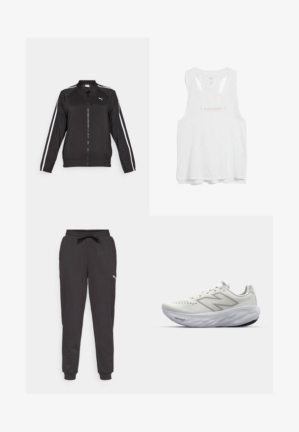 Črna trenerka iz gladkega materiala z belimi stranskimi črtami, s stojčkovim ovratnikom in sprednjim zadrgo, ki ima izvezeno logotip na prsih.; Bela atletska majica s okruglim izrezom, dizajnom na leđima i natpisom "PUSHING THE PACE" u roza boji preko grudi.; Črne trenirke iz mehkega materiala, z elastičnim pasom in vrvico ter rebrastimi manšetami. Bela logotipna podrobnost na strani.; Bele atletske čevlje z mrežastim zgornjim delom, ki imajo oblazinjen ovratnik, teksturiran podplat in logo "Fresh Foam" na srednjem podplatu.