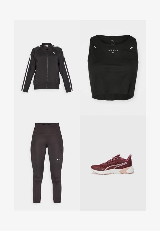 Čierna športová bunda vyrobená z hladkej látky s bielymi bočnými prúžkami, s vysokým golierom a predným zipsom, pričom je zdobená vyšitým logom na hrudi.; Čierny skrátený tielko vyrobené z textúrovanej látky, s okrúhlym výstrihom, bielym logom a dvomi malými reflexnými akcentmi na pleciach.; Čierne športové legíny vyrobené z elastického materiálu s vysokým pásom, s bočnými vreckami a bielym logom na ľavom stehne.; Burgundské športové topánky s textúrovaným zvrškom, bielymi detailmi a ružovou podrážkou. Obsahujú polstrovanú podrážku a vzorované vnútorné podšívku.