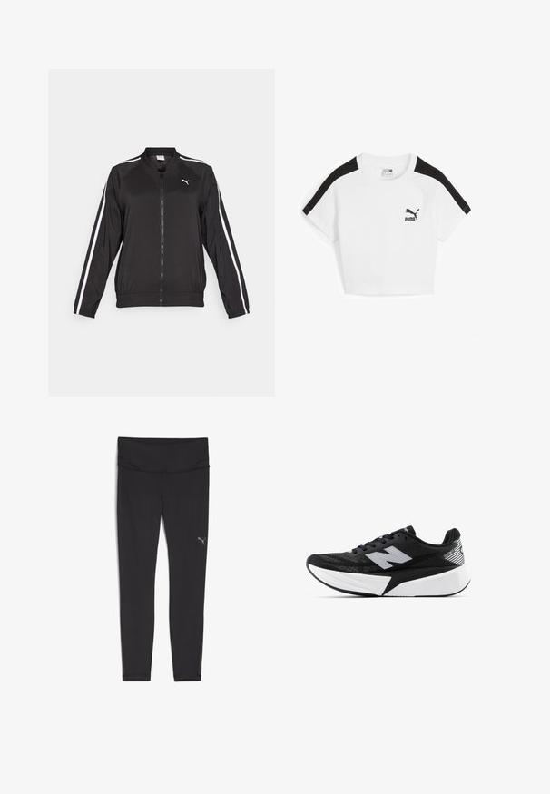 Giacca da tracksuit nera realizzata in tessuto liscio, con strisce bianche laterali, colletto alto e zip frontale, caratterizzata da un logo ricamato sul petto.; T-shirt bianca a maniche raglan nere, con un piccolo logo Puma nero sul petto. Realizzata in cotone.; Leggings sportivi neri con vita alta, realizzati in un tessuto liscio ed elastico. Presentano un piccolo logo riflettente sull'anca sinistra.; Scarpa da corsa New Balance in bianco e nero con suola spessa, parte superiore in rete e logo "N" sul lato, vista dal lato esterno.