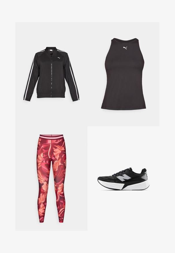Melna sporta jaka no gludas auduma ar baltām sānu svītrām, stāvošu apkakli un priekšējo rāvējslēdzēju, ar izšūtu logotipu uz krūšu daļas.; Melnas sportiskas topiņš ar augstu kakla izgriezumu, kuram kreisajā krūtīs ir neliels balts Puma logotips. Izgatavots no gludas, elastīgas auduma.; Ziedu raksta legingi sarkanā, rozā un burgundijas krāsā. Pieguļošs dizains ar platām jostām un gludu, elastīgu materiālu.; Melnbalts New Balance skriešanas apavi ar biezu zoli, acs augšdaļu un "N" logotipu sānos, skatīts no ārējās puses.