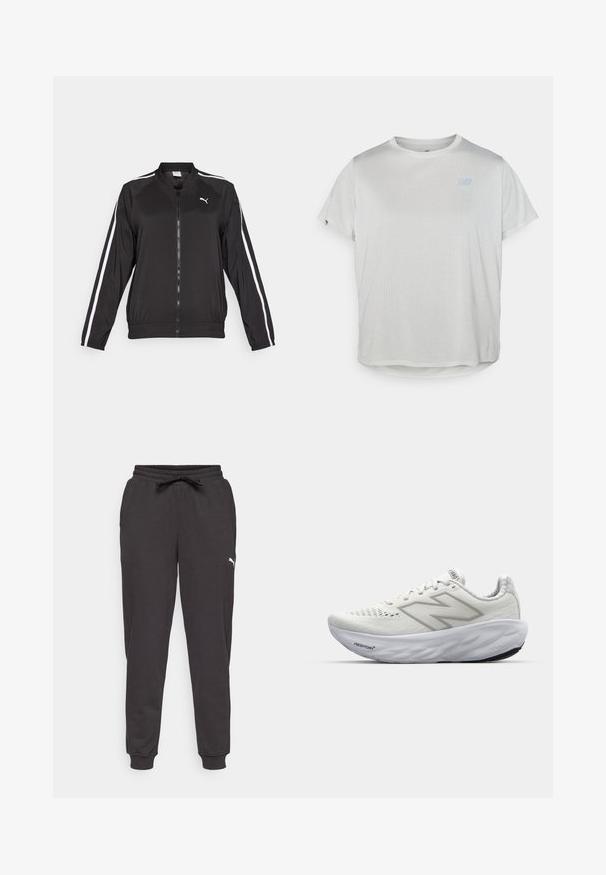 Sort træningsjakke lavet af glat stof med hvide sidelister, en opretstående krave og en frontlynlås, med et broderet logo på brystet.; Lysegrå T-shirt med korte ærmer og nettekstur, med en lille blå logo på øverste venstre side og en rundet kant.; Sorte joggerbukser lavet af blødt materiale, med elastisk talje og snøre samt ribbede manchetter. Hvidt logo-detalje på siden.; Hvide sportssko med en mesh-overdel, der har en polstret krave, struktureret sål og "Fresh Foam" branding på mellemsålen.