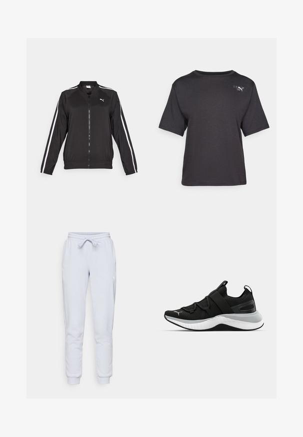 Černá sportovní bunda vyrobená z hladkého materiálu, se bílými bočními pruhy, stojáčkem a předním zipem, s vyšitým logem na hrudi.; Černé tričko s krátkým rukávem vyrobené z jemné látky, s kulatým výstřihem a malým logem na levém horním boku.; Světle modré tepláky s elastickým pasem a stažitelnou šňůrkou. Vyrobeny z měkké tkaniny s tapered nohavicemi. Bílé logo na boku.; Černá sportovní bota s texturovaným svrškem, elastickými pásky a silnou bílou mezipodešví. Obsahuje šedý akcent podél podešve.