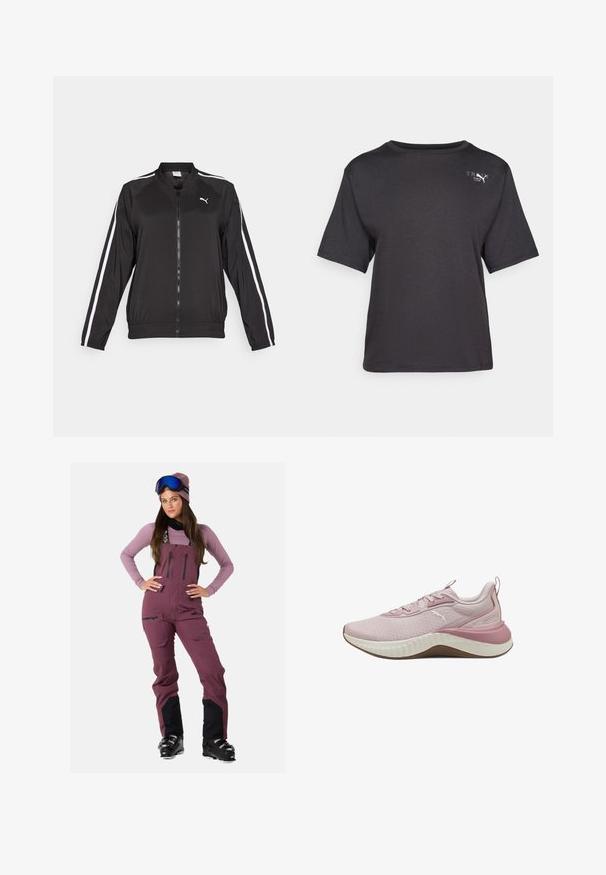 Giacca da tracksuit nera realizzata in tessuto liscio, con strisce bianche laterali, colletto alto e zip frontale, caratterizzata da un logo ricamato sul petto.; T-shirt nera a maniche corte realizzata in tessuto morbido, con scollatura rotonda e un piccolo logo sulla parte superiore sinistra.; Tuta da sci maroon con dettagli neri, spallacci regolabili, numerose tasche con zip, abbinata a una maglietta a maniche lunghe viola chiaro e occhiali da sci.; Scarpa sportiva di colore rosa chiaro con tomaia in rete, suola in gomma e dettagli testurizzati. Presenta un colletto imbottito e un sistema di allacciatura simmetrico.