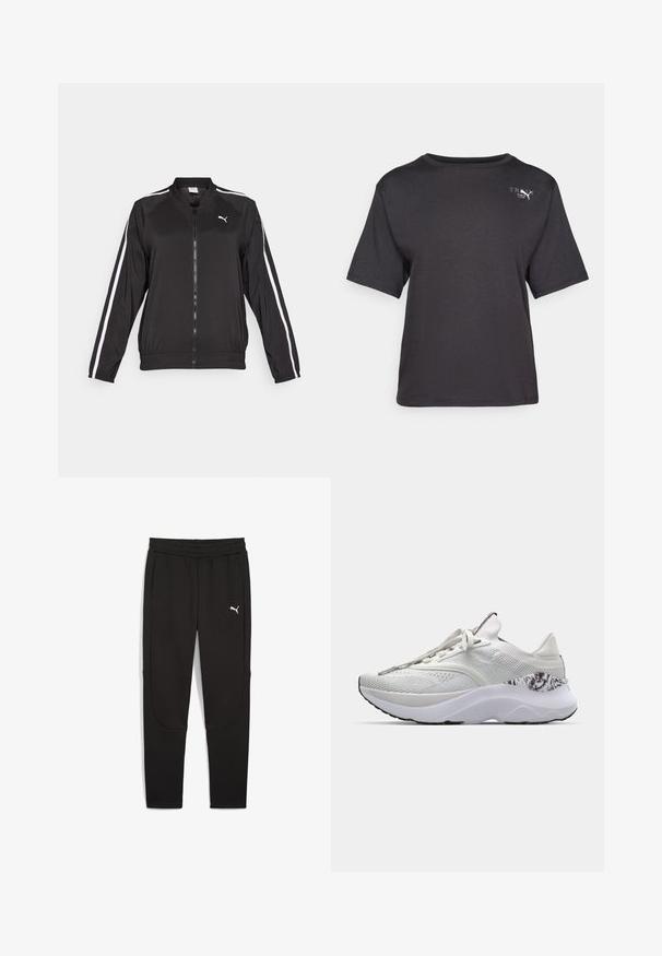 Juodas sportinis džemperis, pagamintas iš lygios medžiagos, su baltomis šoninėmis juostomis, stovinčiu apykakle ir priekiniais užtrauktukais. Ant krūtinės išsiuvinėtas logotipas.; Juodas trumpas rankovėmis marškinėliai, pagaminti iš minkštos medžiagos, turintys apvalų iškirpimą ir mažą logotipą viršutiniame kairiajame kampe.; Juodi sportiniai trackai, pagaminti iš lygaus audinio, su prigludusia forma, elastinga juosmens juosta ir balta logotipu. Įskaičiuotos šoninės kišenės.; Balta sportinė avalynė su tekstūruotu paviršiumi, suapvalintu nosimi ir paminkštintu padu. Pristatomi raštuoti akcentai šalia kulno ir plokščios raištelės.