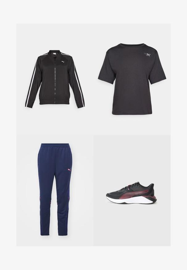 Melna sporta jaka no gludas auduma ar baltām sānu svītrām, stāvošu apkakli un priekšējo rāvējslēdzēju, ar izšūtu logotipu uz krūšu daļas.; Melnā īsās piedurknes t-krekls, izgatavots no mīkstas auduma, ar apaļu kakla izgriezumu un mazu logotipa detaļu kreisajā augšējā pusē.; Tums zila sporta bikses, kas izgatavotas no mīksta auduma, ir ar pieguļošu dizainu, ar purpura sānjoslām un mazu rozā logo kreisajā augšstilbā.; Melnas sporta kurpes ar teksturētu acs augšdaļu, bordo akcentiem, mīkstu baltu starpvienību un rakstainu sānu dizainu.