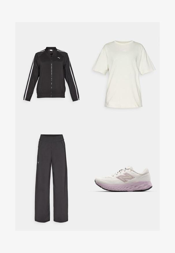 Schwarze Trainingsjacke aus glattem Stoff mit weißen Seitenstreifen, stehendem Kragen und einem Frontreißverschluss, versehen mit einem gestickten Logo auf der Brust.; Hellbeige Baumwoll-T-Shirt mit kurzen Ärmeln, rundem Ausschnitt und kleinem weißen Puma-Logo, das mittig auf der Brust platziert ist. Weiche, lässige Passform.; Schwarze Sporthose mit einem breiten Bund, Seitentaschen und flachen Nähten. Mit einem kleinen Logo am linken Bein. Hergestellt aus glattem, dehnbarem Stoff.; Leichter Laufschuh aus weißem Mesh mit einer rosa Zwischensohle. Verfügt über eine strukturierte Sohle und ein Seitenlogo, das für Komfort und Unterstützung entwickelt wurde.