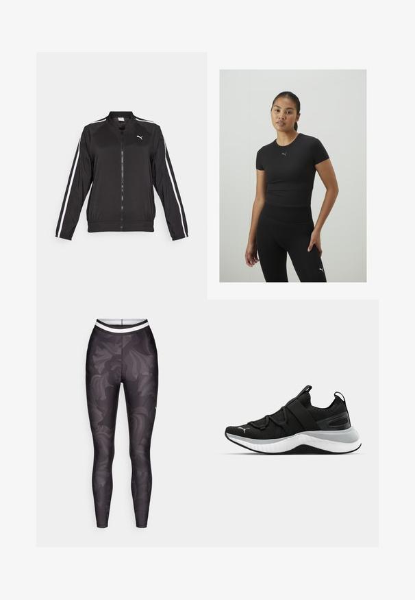 Czarna kurtka sportowa wykonana z gładkiego materiału, z białymi pasekami po bokach, stójką oraz zamkiem z przodu, z haftowanym logo na piersi.; Czarny sportowy top z krótkim rękawem, wykonany z gładkiego materiału. Posiada małe szare logo Puma na klatce piersiowej. Noszony z czarnymi legginsami o wysokim stanie.; Czarne legginsy z wirującym szarym wzorem, elastycznym paskiem w biały prążek i dopasowanym, gładkim wykończeniem.; Czarne sportowe buty z teksturowaną cholewką, elastycznymi paskami i grubą białą podeszwą środkową. Posiadają szary akcent wzdłuż podeszwy.